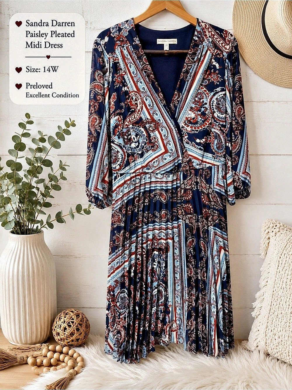 Sandra Darren Paisley Pleated Midi Dress Blue & Red 14W Like New